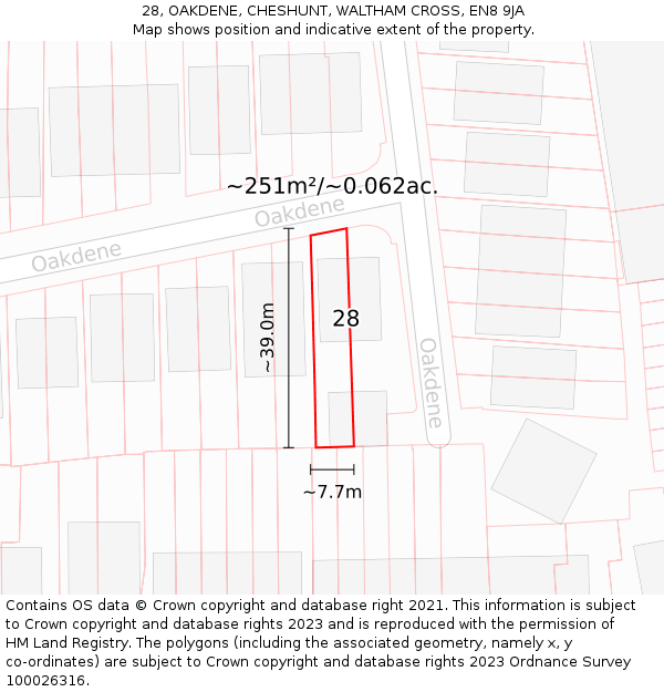 28, OAKDENE, CHESHUNT, WALTHAM CROSS, EN8 9JA: Plot and title map