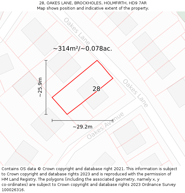 28, OAKES LANE, BROCKHOLES, HOLMFIRTH, HD9 7AR: Plot and title map