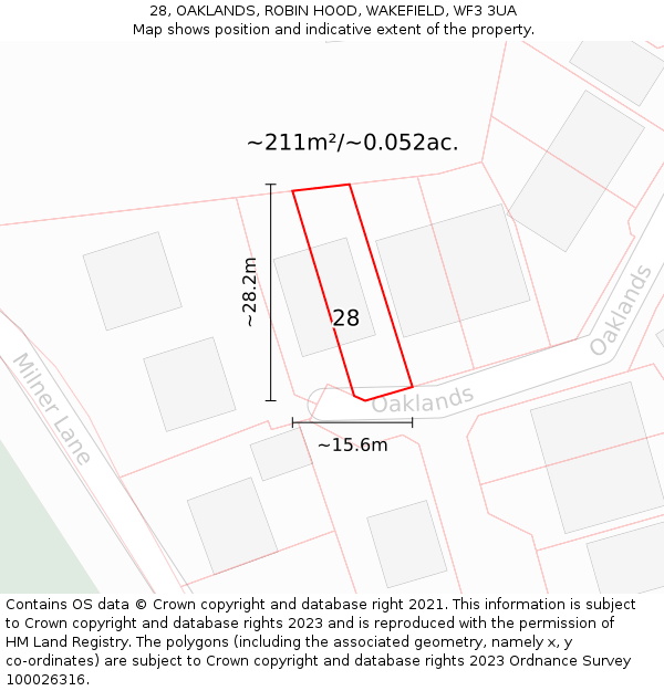 28, OAKLANDS, ROBIN HOOD, WAKEFIELD, WF3 3UA: Plot and title map