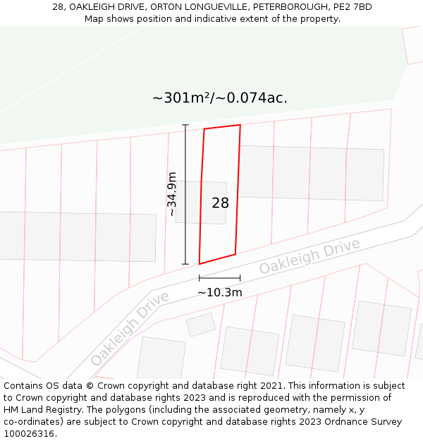 28, OAKLEIGH DRIVE, ORTON LONGUEVILLE, PETERBOROUGH, PE2 7BD: Plot and title map