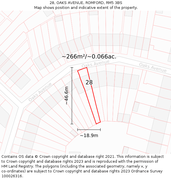 28, OAKS AVENUE, ROMFORD, RM5 3BS: Plot and title map