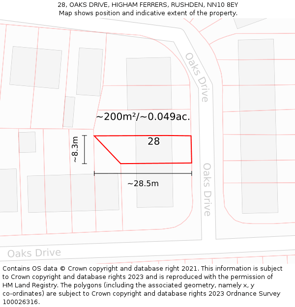 28, OAKS DRIVE, HIGHAM FERRERS, RUSHDEN, NN10 8EY: Plot and title map