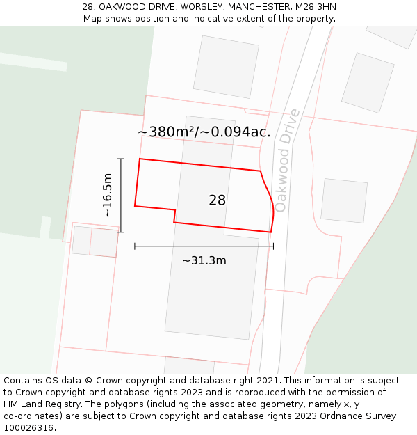 28, OAKWOOD DRIVE, WORSLEY, MANCHESTER, M28 3HN: Plot and title map