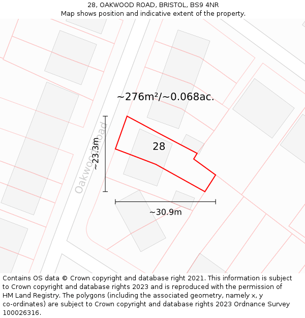 28, OAKWOOD ROAD, BRISTOL, BS9 4NR: Plot and title map
