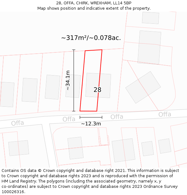 28, OFFA, CHIRK, WREXHAM, LL14 5BP: Plot and title map