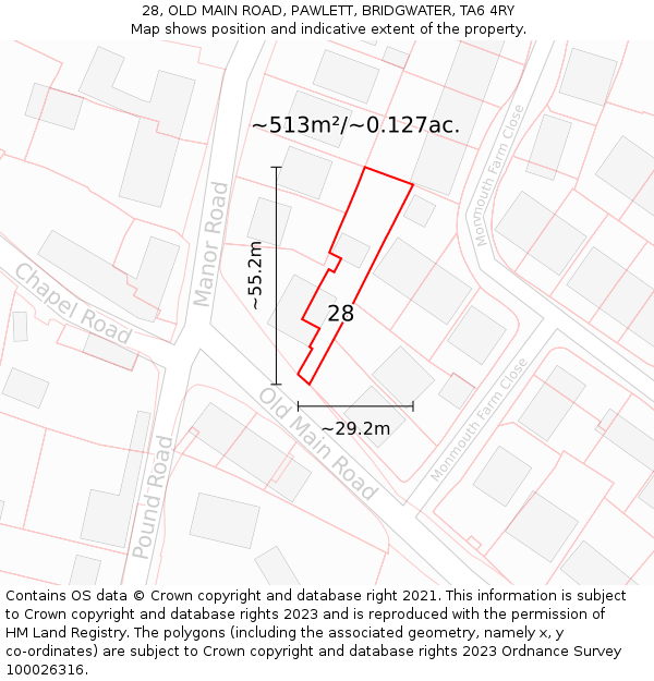 28, OLD MAIN ROAD, PAWLETT, BRIDGWATER, TA6 4RY: Plot and title map