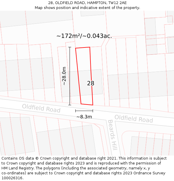 28, OLDFIELD ROAD, HAMPTON, TW12 2AE: Plot and title map