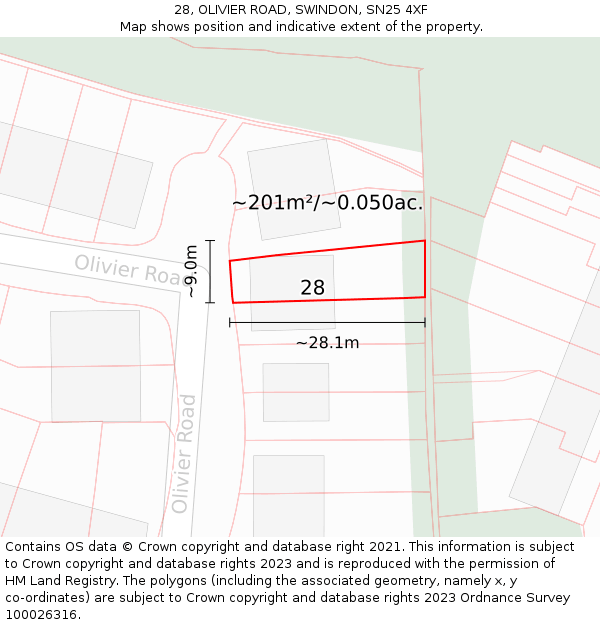 28, OLIVIER ROAD, SWINDON, SN25 4XF: Plot and title map