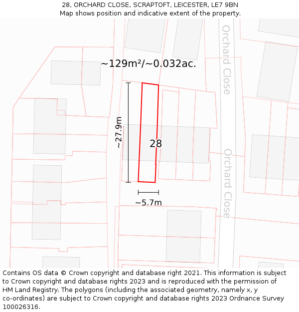 28, ORCHARD CLOSE, SCRAPTOFT, LEICESTER, LE7 9BN: Plot and title map