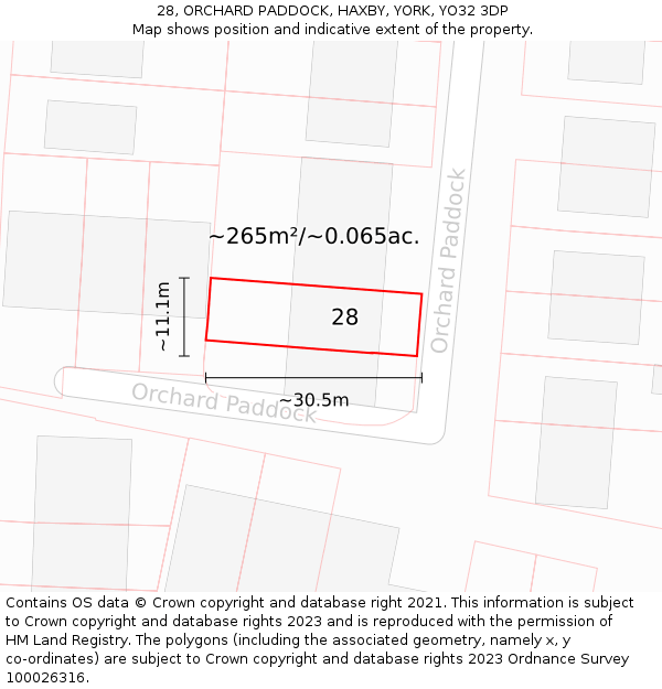 28, ORCHARD PADDOCK, HAXBY, YORK, YO32 3DP: Plot and title map
