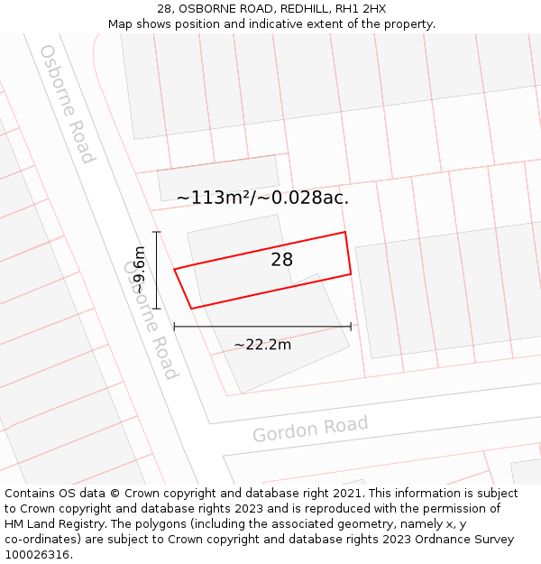28, OSBORNE ROAD, REDHILL, RH1 2HX: Plot and title map
