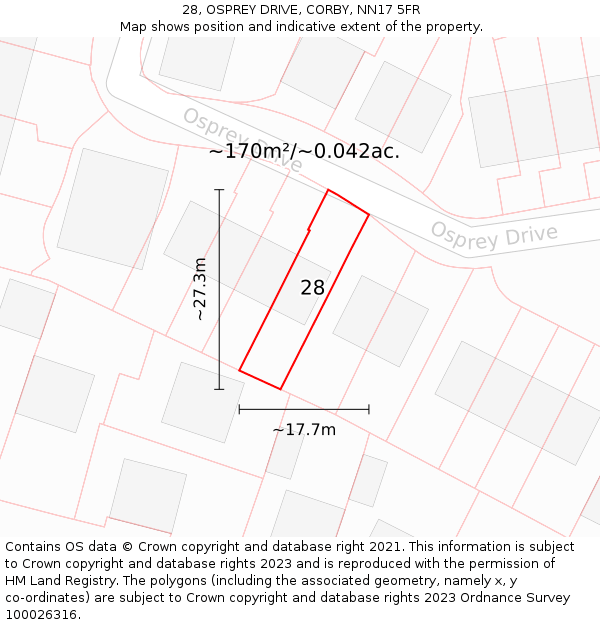 28, OSPREY DRIVE, CORBY, NN17 5FR: Plot and title map