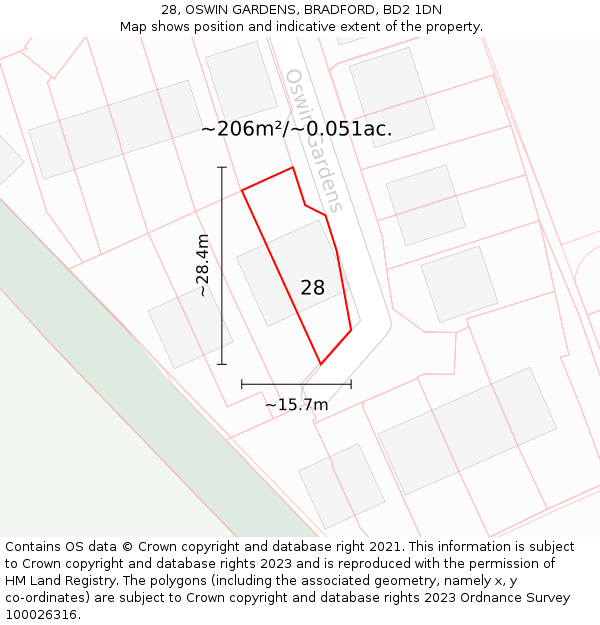 28, OSWIN GARDENS, BRADFORD, BD2 1DN: Plot and title map