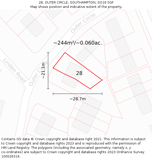 28, OUTER CIRCLE, SOUTHAMPTON, SO16 5GF: Plot and title map