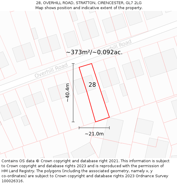 28, OVERHILL ROAD, STRATTON, CIRENCESTER, GL7 2LG: Plot and title map