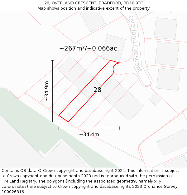 28, OVERLAND CRESCENT, BRADFORD, BD10 9TG: Plot and title map