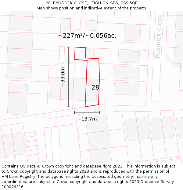 28, PADDOCK CLOSE, LEIGH-ON-SEA, SS9 5QR: Plot and title map