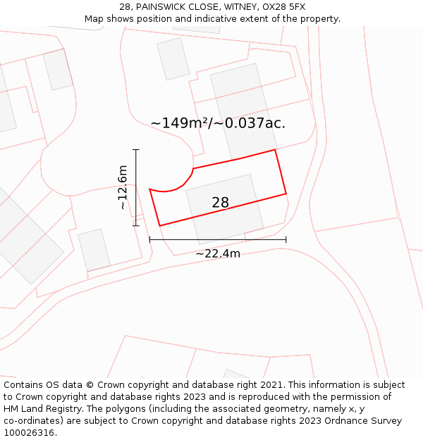 28, PAINSWICK CLOSE, WITNEY, OX28 5FX: Plot and title map