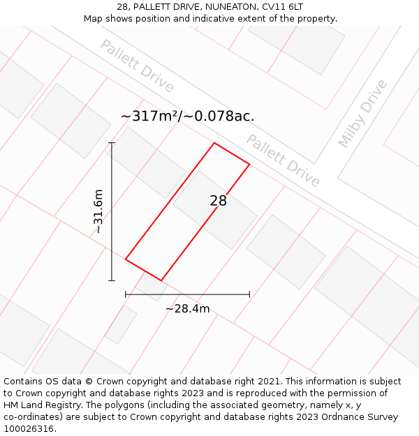 28, PALLETT DRIVE, NUNEATON, CV11 6LT: Plot and title map