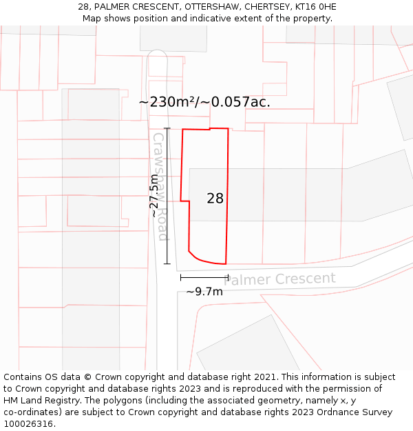 28, PALMER CRESCENT, OTTERSHAW, CHERTSEY, KT16 0HE: Plot and title map