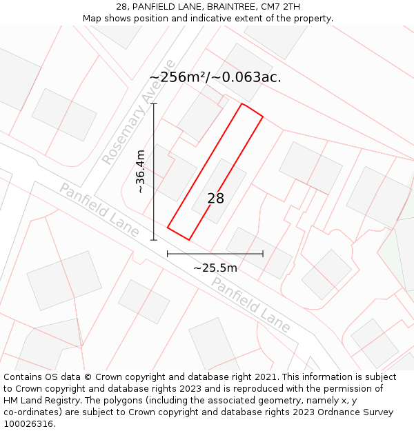 28, PANFIELD LANE, BRAINTREE, CM7 2TH: Plot and title map