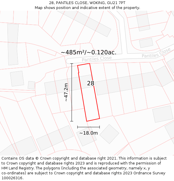 28, PANTILES CLOSE, WOKING, GU21 7PT: Plot and title map