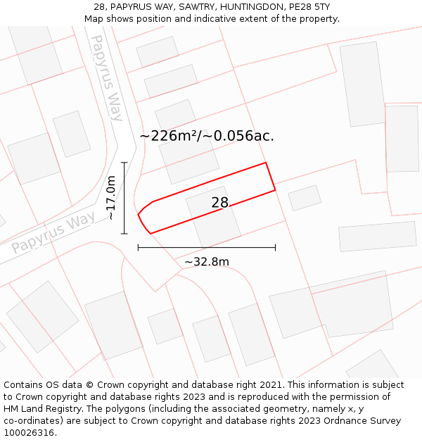 28, PAPYRUS WAY, SAWTRY, HUNTINGDON, PE28 5TY: Plot and title map