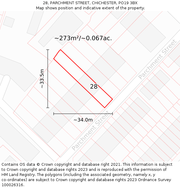 28, PARCHMENT STREET, CHICHESTER, PO19 3BX: Plot and title map