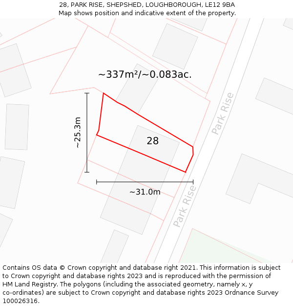 28, PARK RISE, SHEPSHED, LOUGHBOROUGH, LE12 9BA: Plot and title map