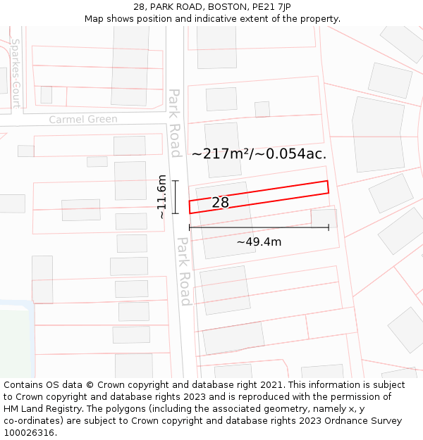28, PARK ROAD, BOSTON, PE21 7JP: Plot and title map