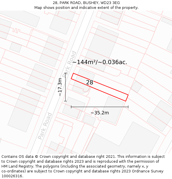 28, PARK ROAD, BUSHEY, WD23 3EG: Plot and title map