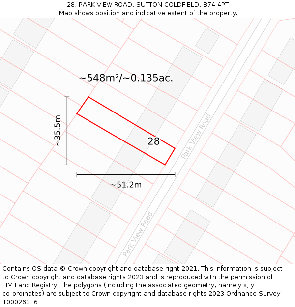 28, PARK VIEW ROAD, SUTTON COLDFIELD, B74 4PT: Plot and title map