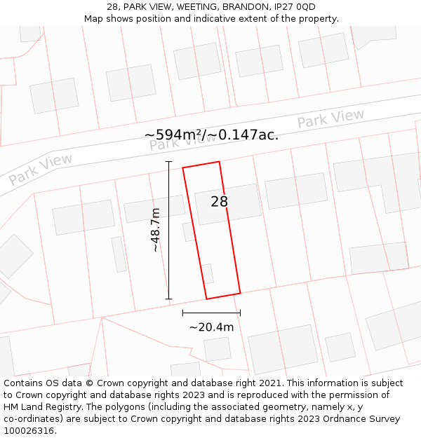 28, PARK VIEW, WEETING, BRANDON, IP27 0QD: Plot and title map