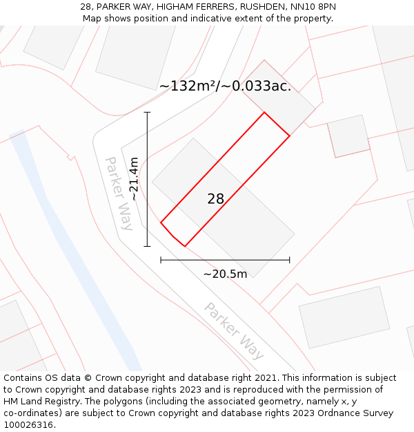 28, PARKER WAY, HIGHAM FERRERS, RUSHDEN, NN10 8PN: Plot and title map