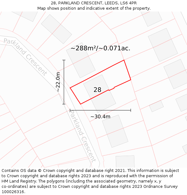 28, PARKLAND CRESCENT, LEEDS, LS6 4PR: Plot and title map