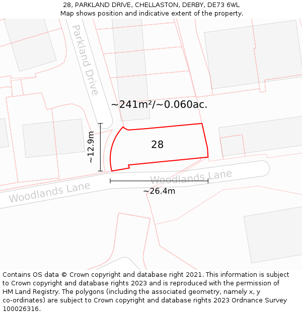 28, PARKLAND DRIVE, CHELLASTON, DERBY, DE73 6WL: Plot and title map