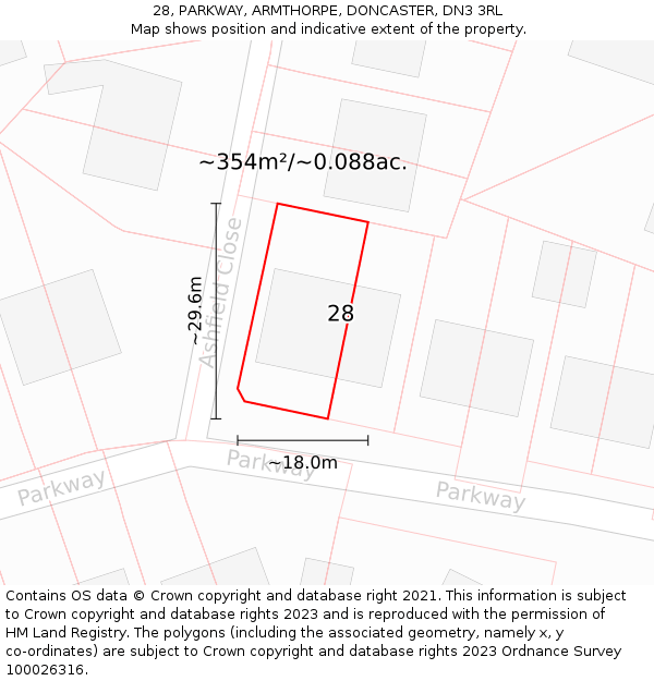 28, PARKWAY, ARMTHORPE, DONCASTER, DN3 3RL: Plot and title map