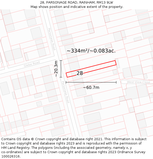 28, PARSONAGE ROAD, RAINHAM, RM13 9LW: Plot and title map