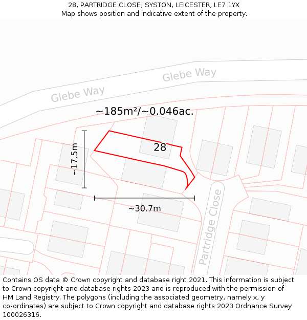28, PARTRIDGE CLOSE, SYSTON, LEICESTER, LE7 1YX: Plot and title map