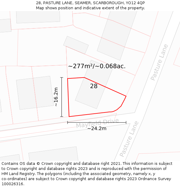28, PASTURE LANE, SEAMER, SCARBOROUGH, YO12 4QP: Plot and title map
