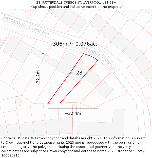 28, PATTERDALE CRESCENT, LIVERPOOL, L31 9BH: Plot and title map