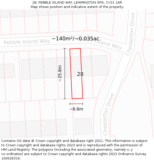 28, PEBBLE ISLAND WAY, LEAMINGTON SPA, CV31 1AR: Plot and title map