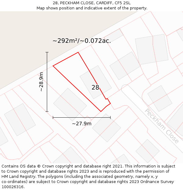 28, PECKHAM CLOSE, CARDIFF, CF5 2SL: Plot and title map