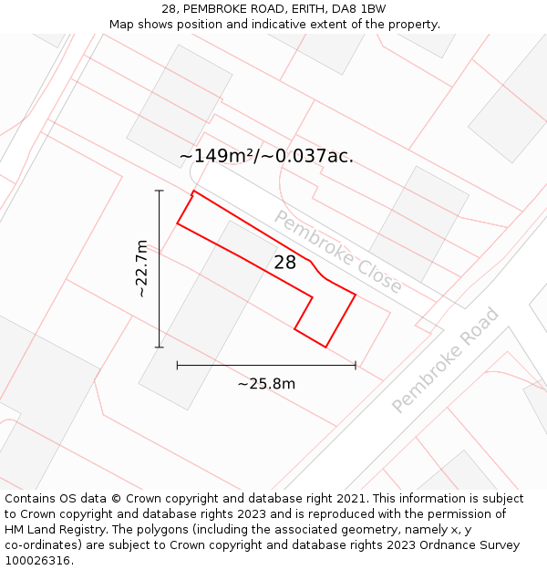 28, PEMBROKE ROAD, ERITH, DA8 1BW: Plot and title map