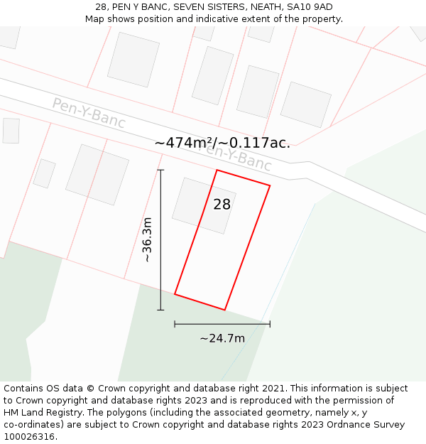 28, PEN Y BANC, SEVEN SISTERS, NEATH, SA10 9AD: Plot and title map