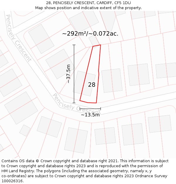 28, PENCISELY CRESCENT, CARDIFF, CF5 1DU: Plot and title map