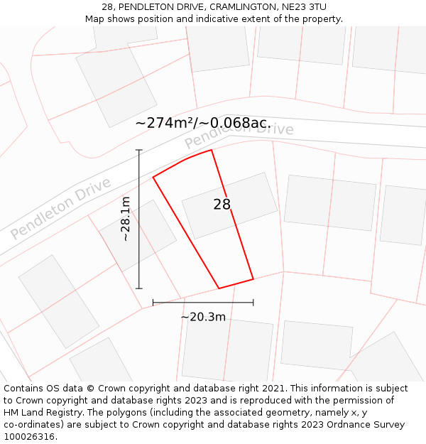 28, PENDLETON DRIVE, CRAMLINGTON, NE23 3TU: Plot and title map