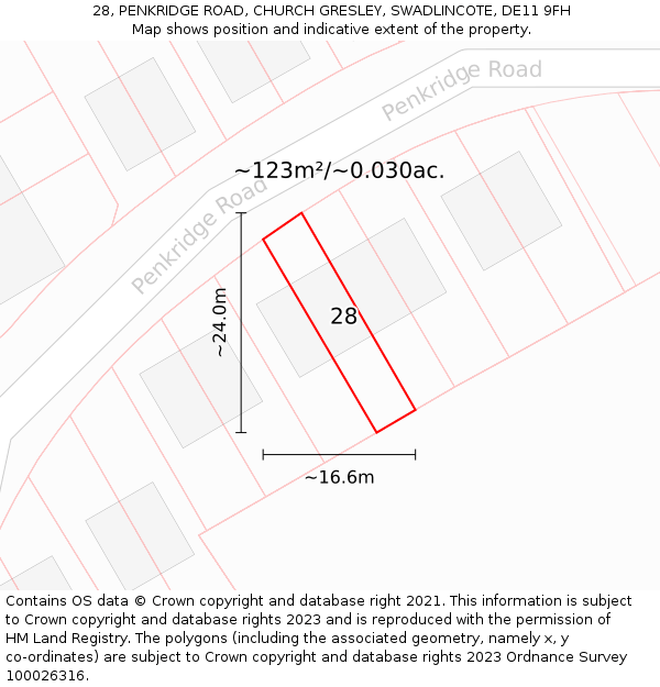 28, PENKRIDGE ROAD, CHURCH GRESLEY, SWADLINCOTE, DE11 9FH: Plot and title map