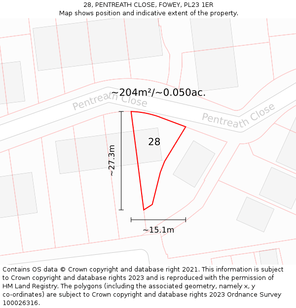 28, PENTREATH CLOSE, FOWEY, PL23 1ER: Plot and title map