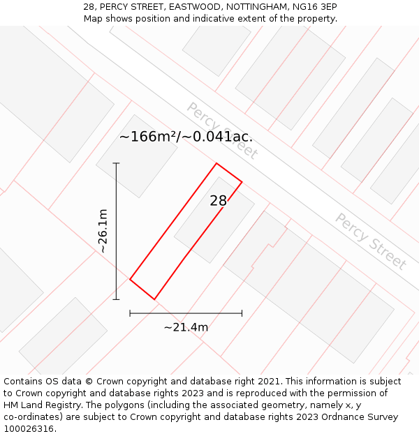 28, PERCY STREET, EASTWOOD, NOTTINGHAM, NG16 3EP: Plot and title map